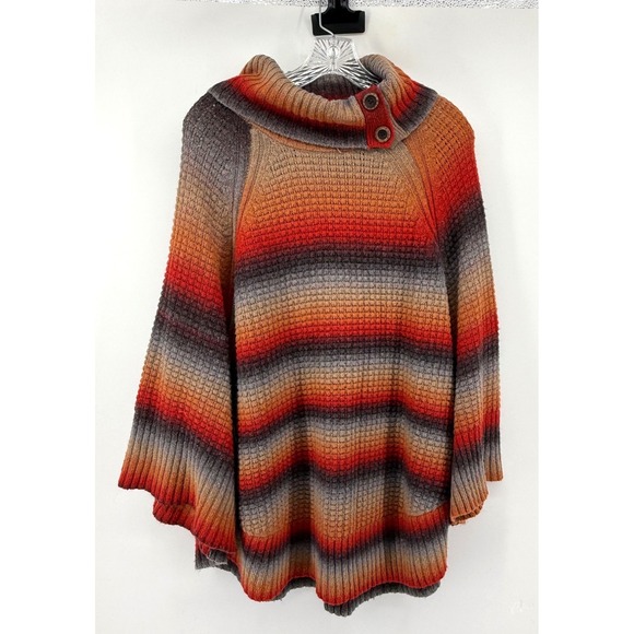 Democracy Sweaters - Democracy Women 1X Poncho Sweater Ombre Stripe Cowl Neck Button Boho Western